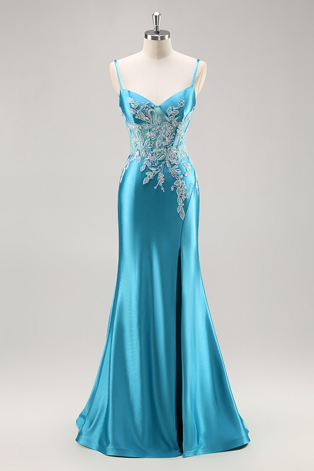 Robe de Soirée bleue corset en satin sirène avec perles