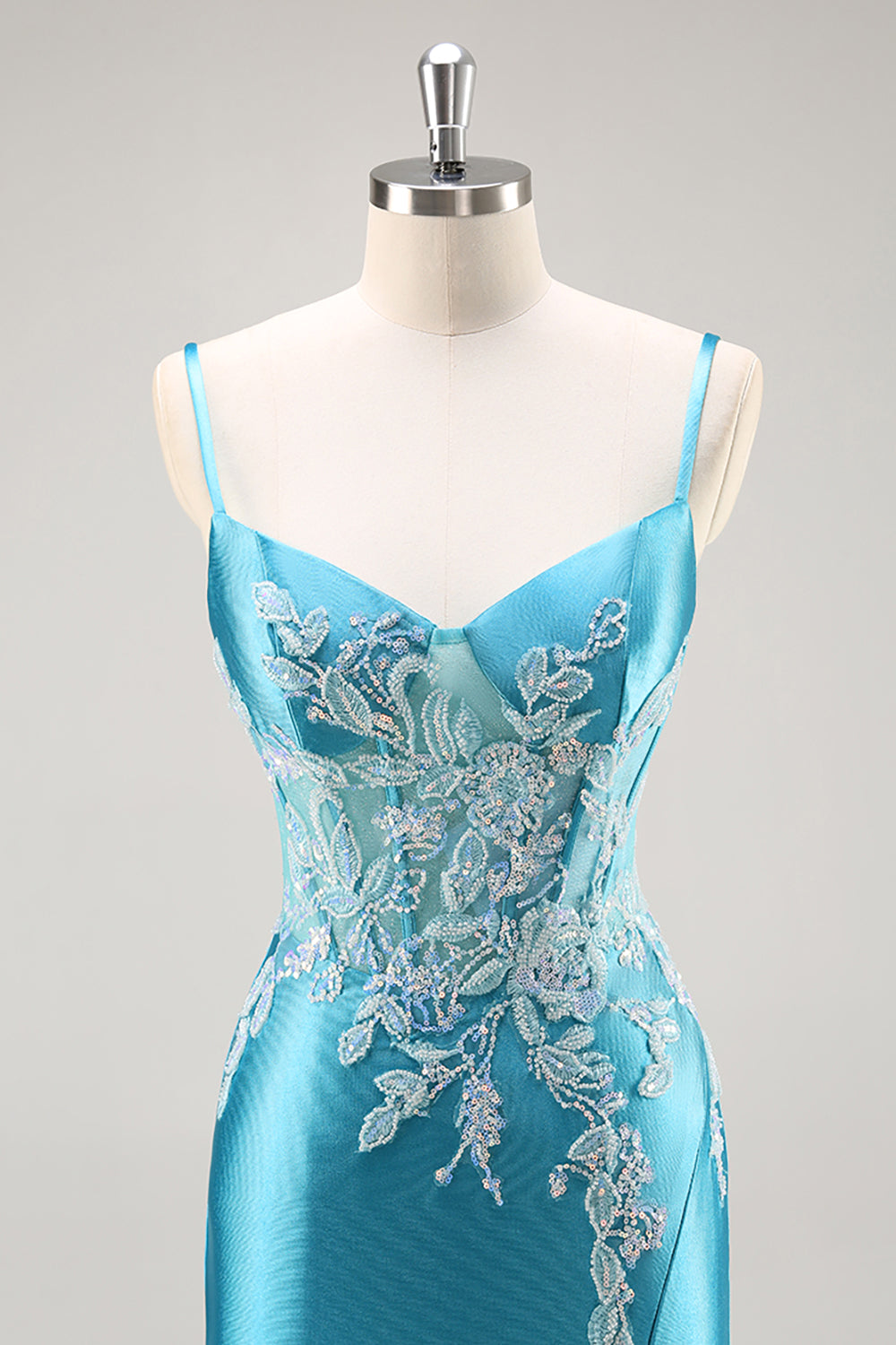 Robe de Soirée bleue corset en satin sirène avec perles