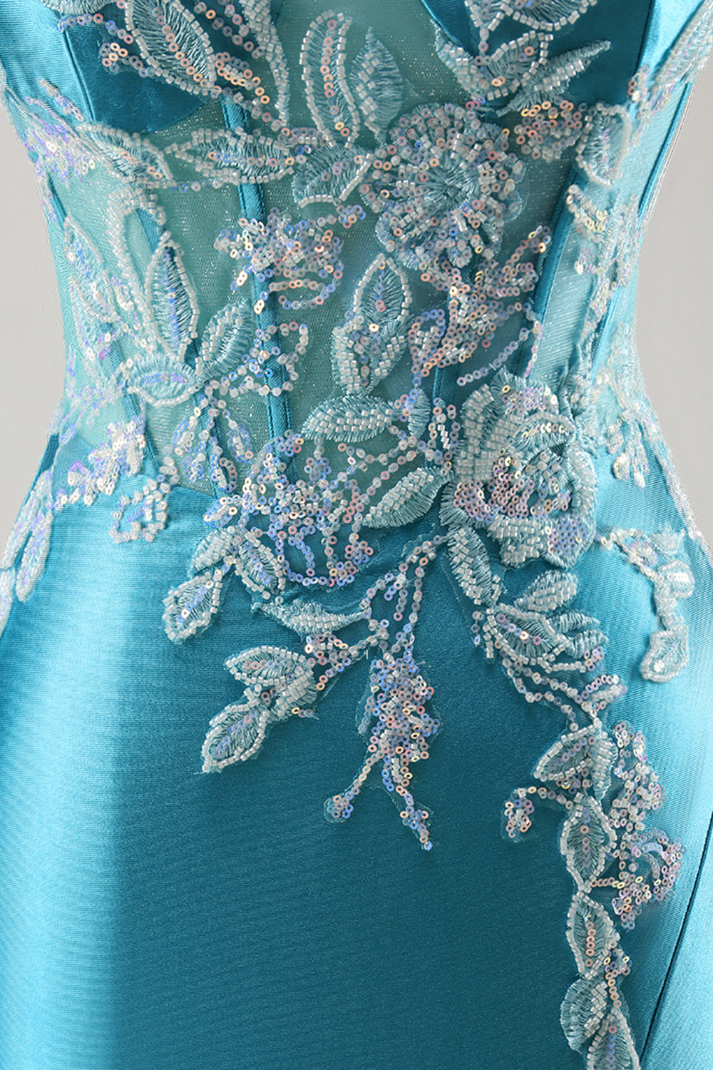 Robe de Soirée bleue corset en satin sirène avec perles