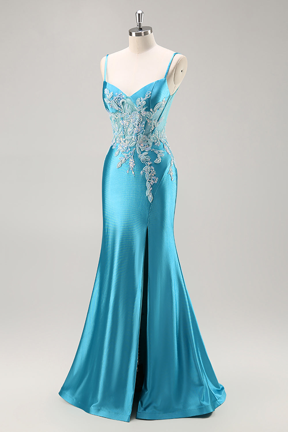Robe de Soirée bleue corset en satin sirène avec perles