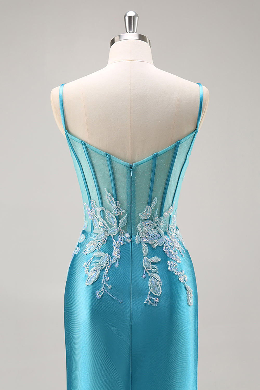 Robe de Soirée bleue corset en satin sirène avec perles