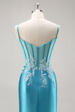 Robe de Soirée bleue corset en satin sirène avec perles