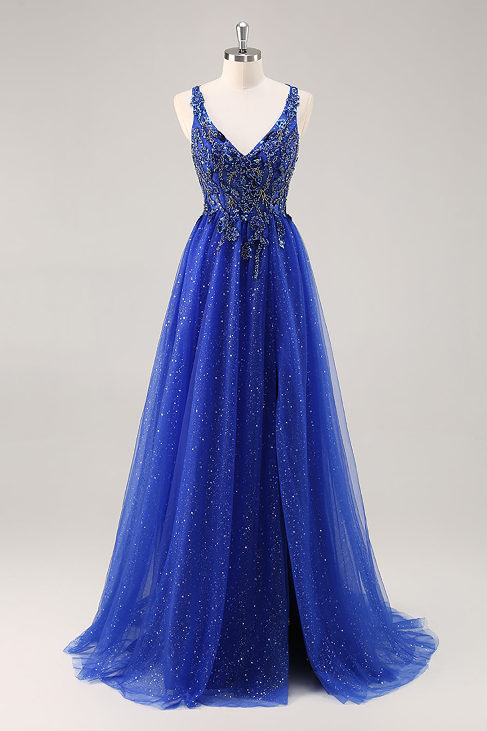 Glitter Royal Blue Perlé Une Ligne Longue Robe de soirée Avec Fente