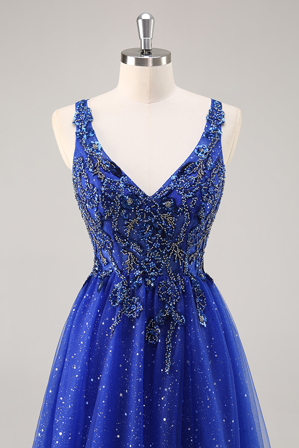 Glitter Royal Blue Perlé Une Ligne Longue Robe de soirée Avec Fente