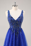Glitter Royal Blue Perlé Une Ligne Longue Robe de soirée Avec Fente