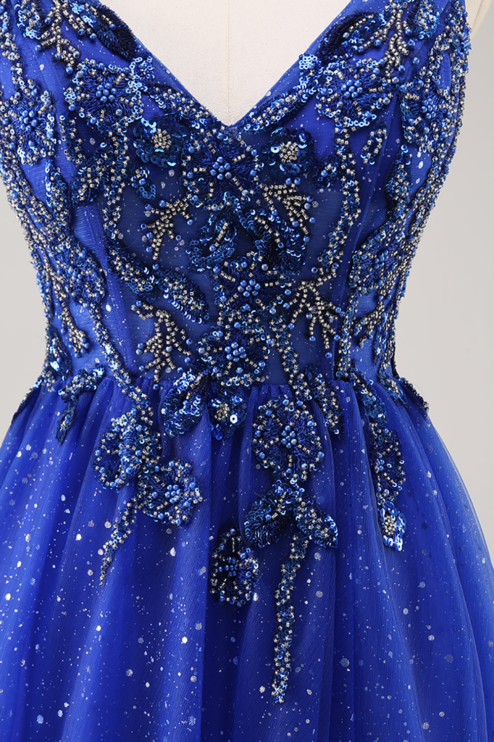 Glitter Royal Blue Perlé Une Ligne Longue Robe de soirée Avec Fente