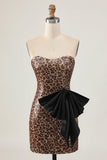 Robe courte de bal sans bretelles léopard marron avec noeud
