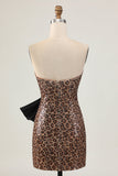 Robe courte de bal sans bretelles léopard marron avec noeud