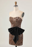 Robe courte de bal sans bretelles léopard marron avec noeud