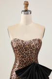 Robe courte de bal sans bretelles léopard marron avec noeud