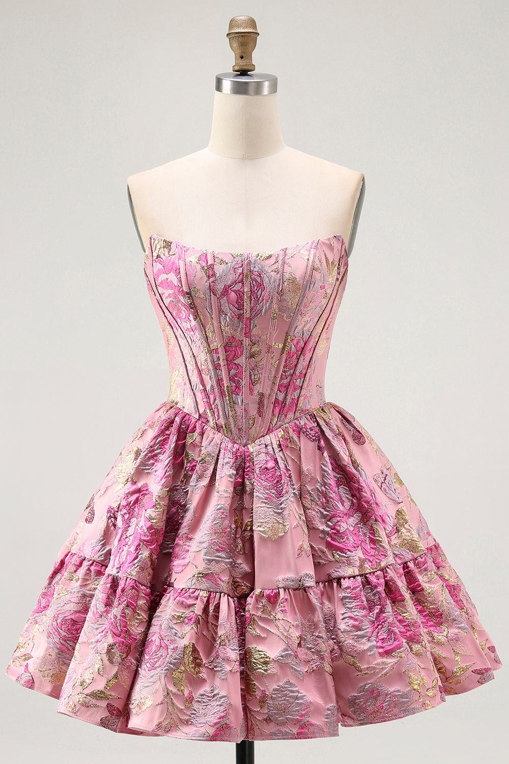 Robe de cocktail à l’épaule dénudée imprimée corset trapèze