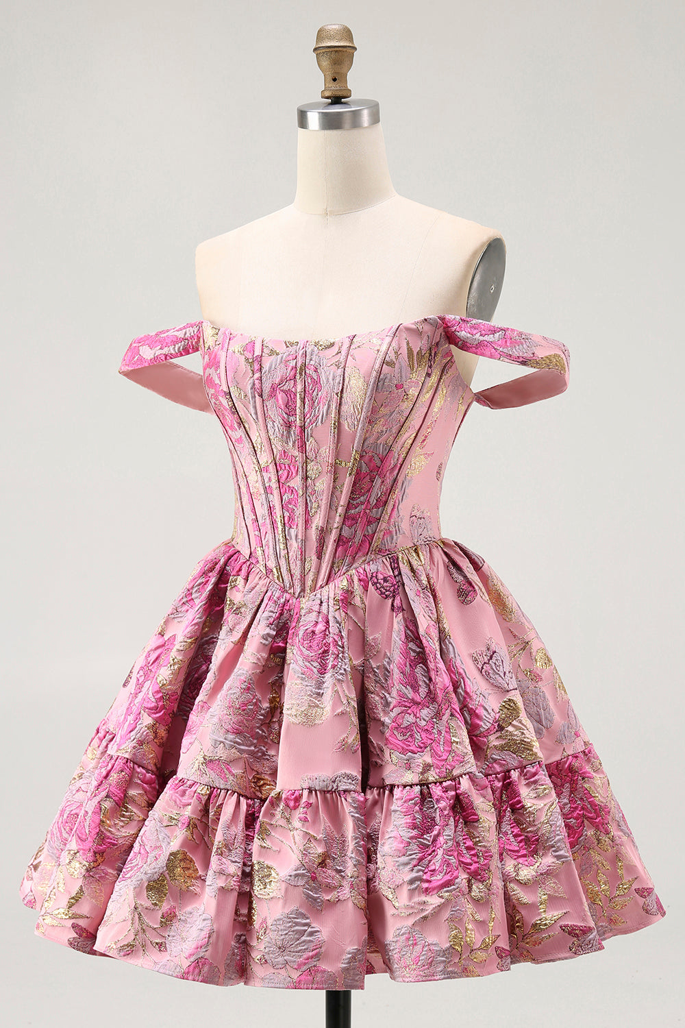 Robe de cocktail à l’épaule dénudée imprimée corset trapèze