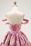 Robe de cocktail à l’épaule dénudée imprimée corset trapèze