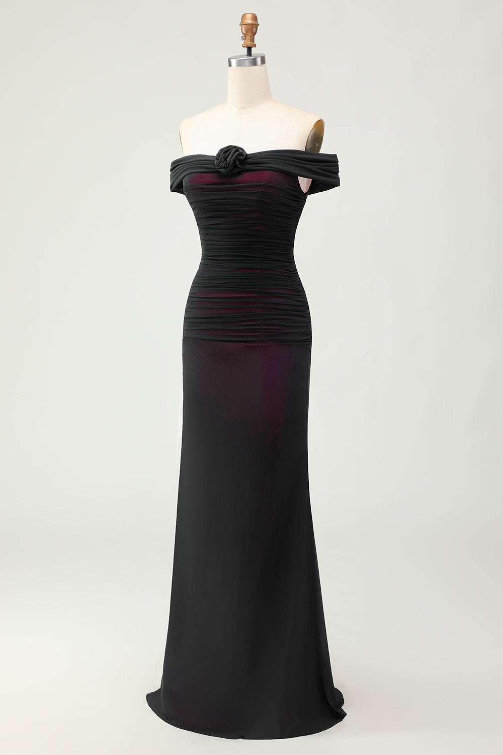 Robe de demoiselle d’honneur rose noire à épaules dénudées avec fleur 3D