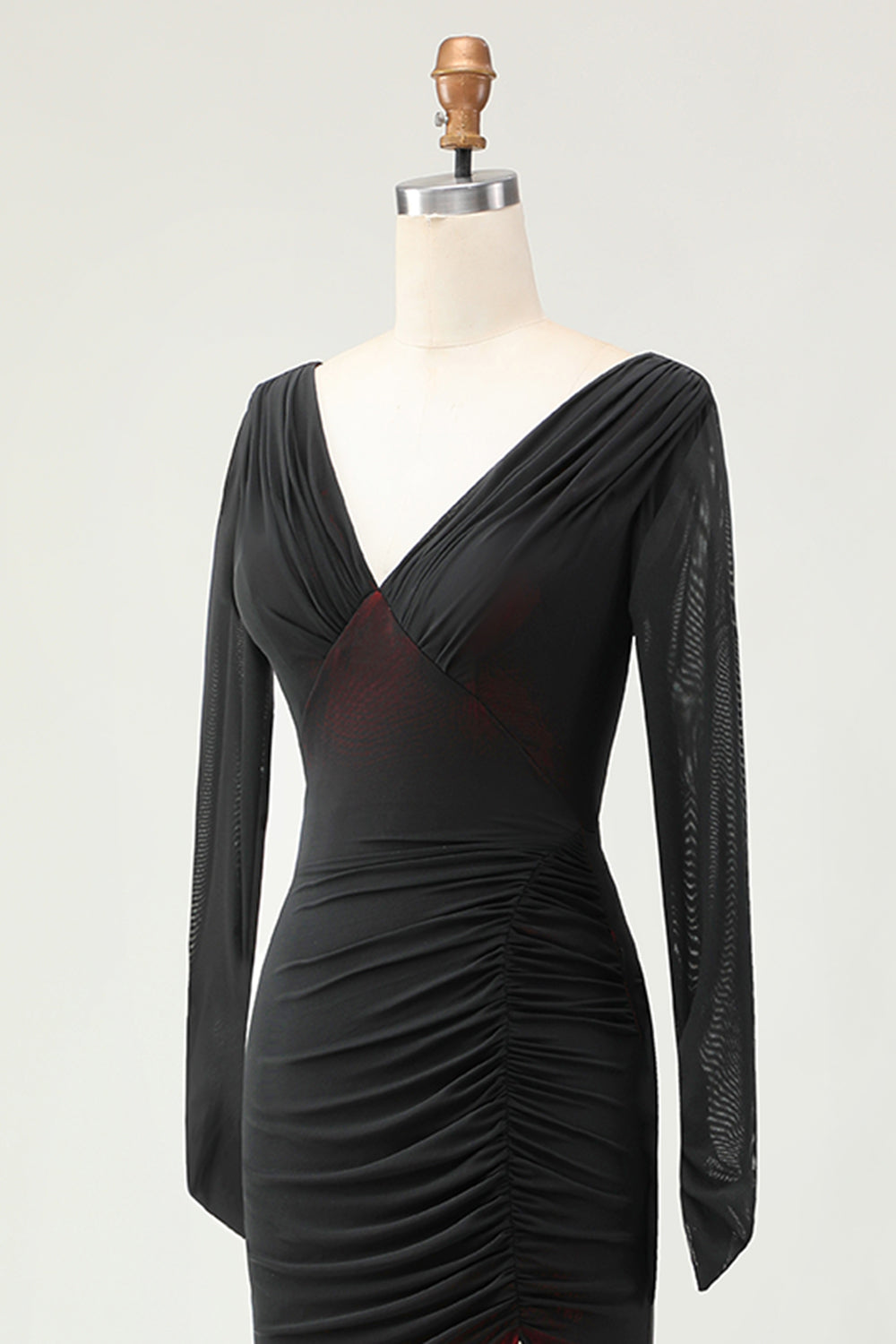 Noir Rouge Ruché Fourreau Robe de demoiselle d’honneur à manches longues avec fente