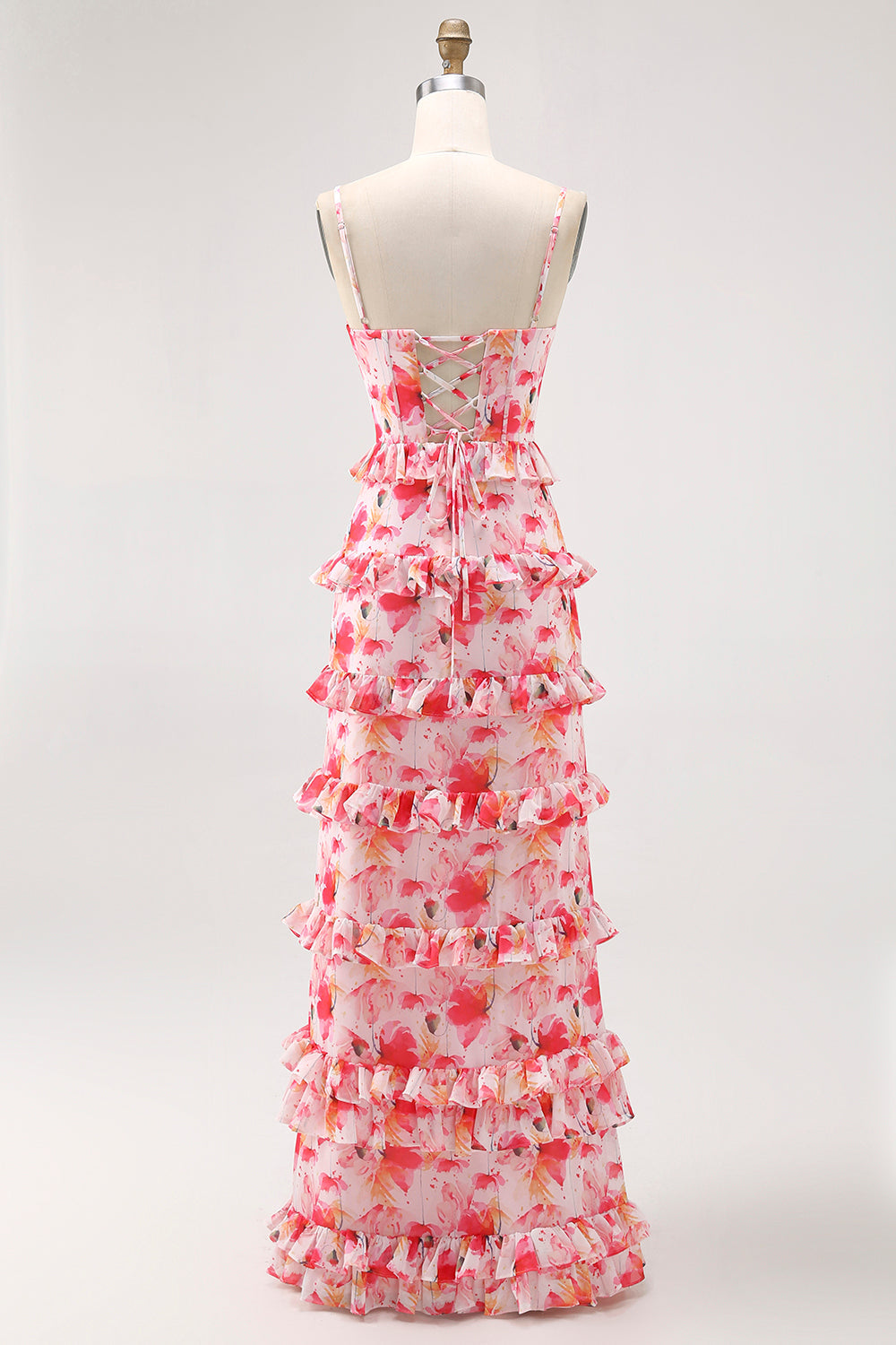 Robe d’invité de mariage longue à volants floral rose avec fente