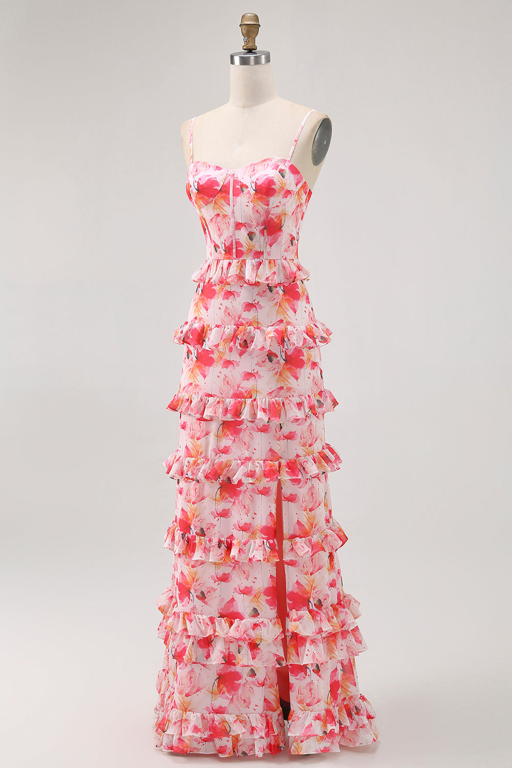 Robe d’invité de mariage longue à volants floral rose avec fente