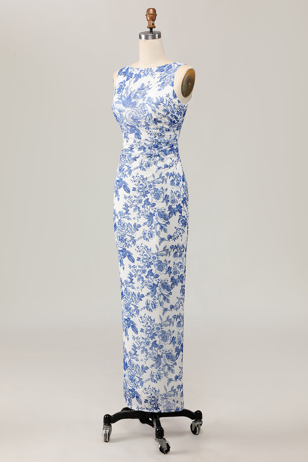 Robe d’invité longue de mariée moulante blanche bleue à imprimé floral