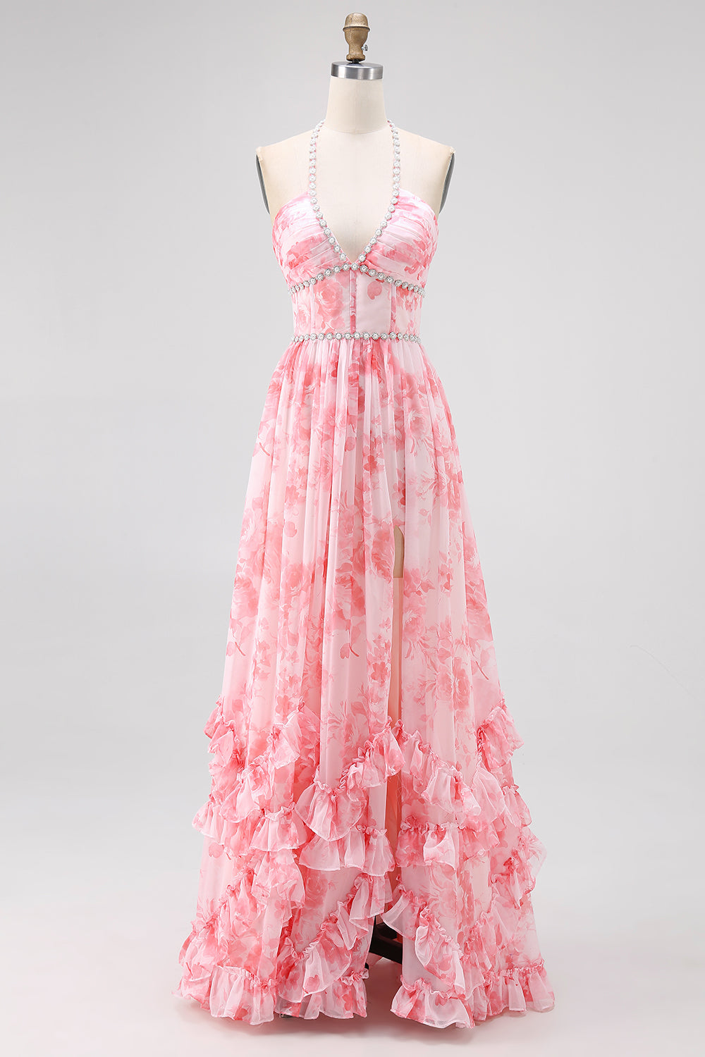 Blush perlé licol imprimé floral robe d’invité de mariage avec fente