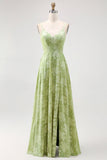 Robe de demoiselle d’honneur Floral A Ligne Vert Sauge avec Fente