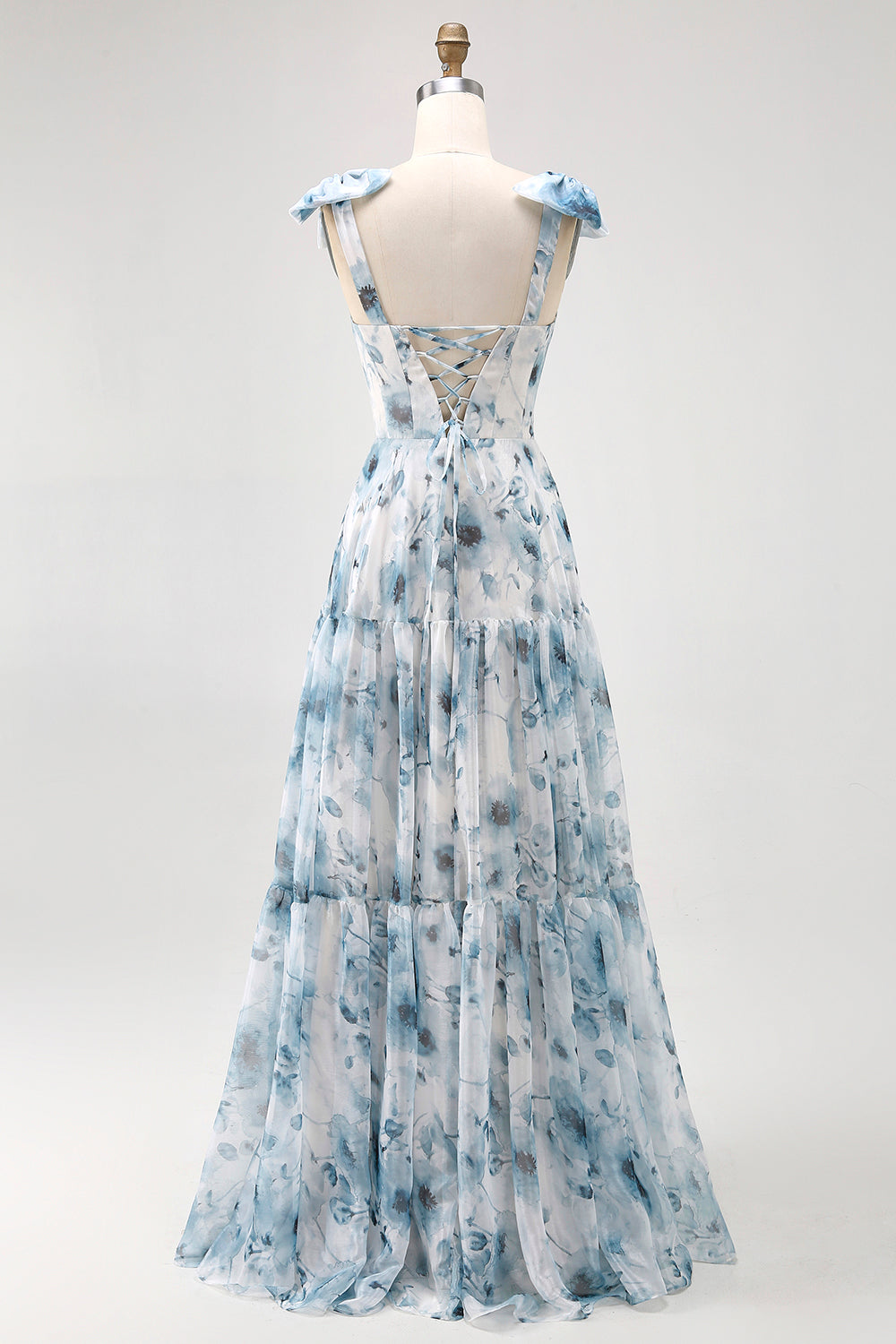 Fleur bleue imprimée Une ligne Robe de demoiselle d’honneur longue avec dos à lacets