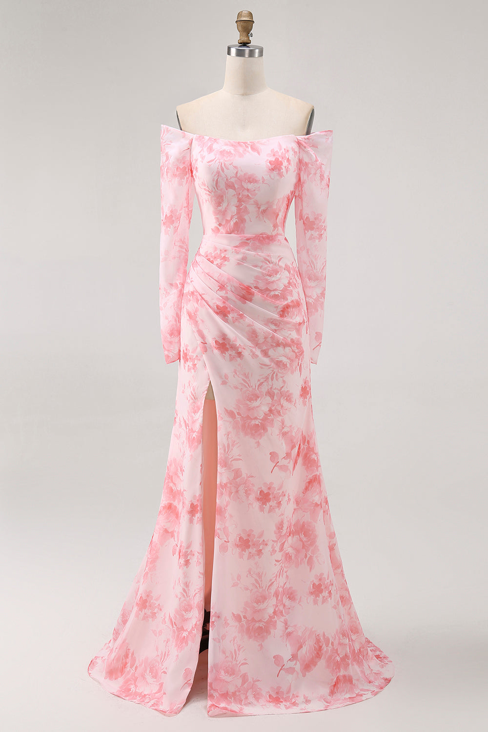 Robe de demoiselle d’honneur à manches longues à manches longues sirène sirène de fleur rose avec fente