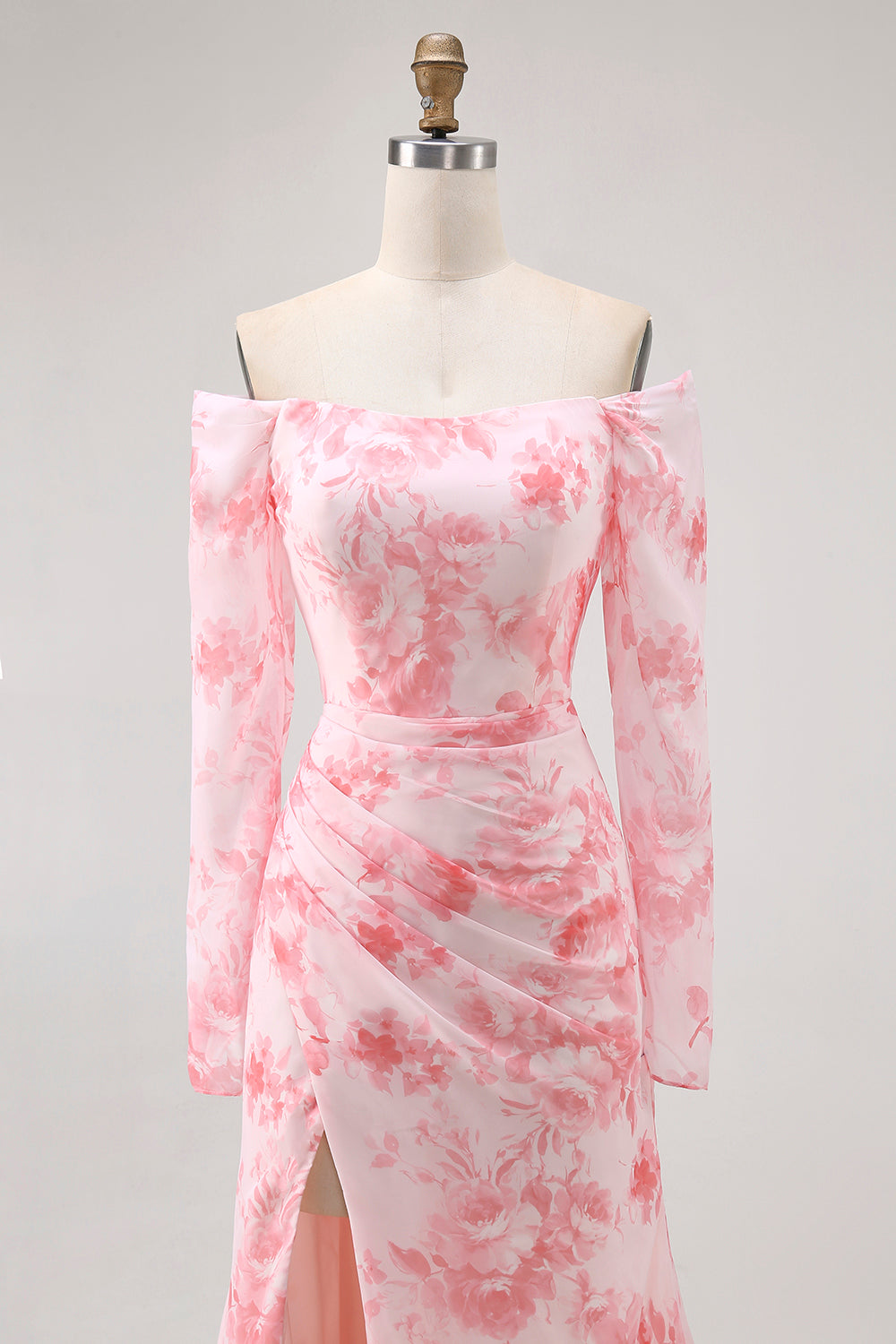 Robe de demoiselle d’honneur à manches longues à manches longues sirène sirène de fleur rose avec fente