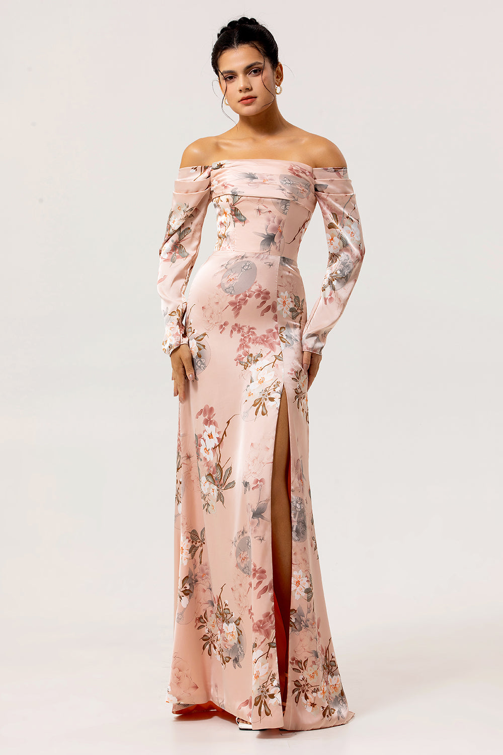 Épaule dénudée Blush Floral Gaine Longue Robe d’invité de mariage avec fente