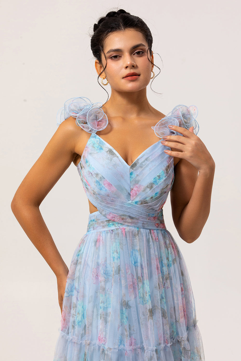 Bleu Une ligne découpée Floral longue robe de demoiselle d’honneur