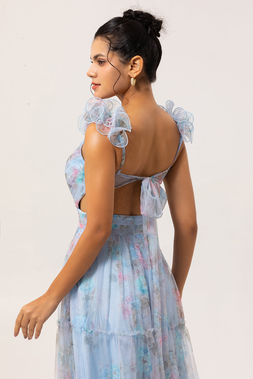 Bleu Une ligne découpée Floral longue robe de demoiselle d’honneur