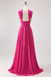 Robe de demoiselle d’honneur convertible en mousseline de soie Fuchsia A Line avec fente
