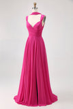 Robe de demoiselle d’honneur convertible en mousseline de soie Fuchsia A Line avec fente