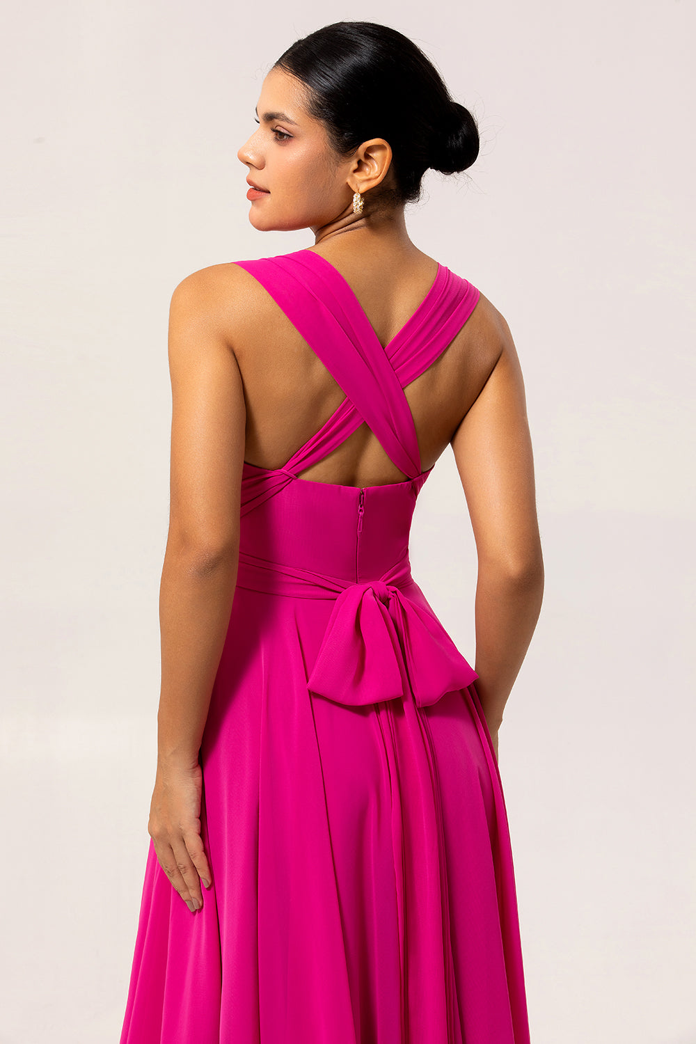 Fuchsia Une ligne convertible Robe de demoiselle d’honneur longue en mousseline de soie avec fente