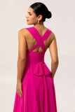 Fuchsia Une ligne convertible Robe de demoiselle d’honneur longue en mousseline de soie avec fente