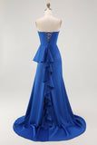 Robe de Soirée sirène bleu royal sans bretelles avec ceinture