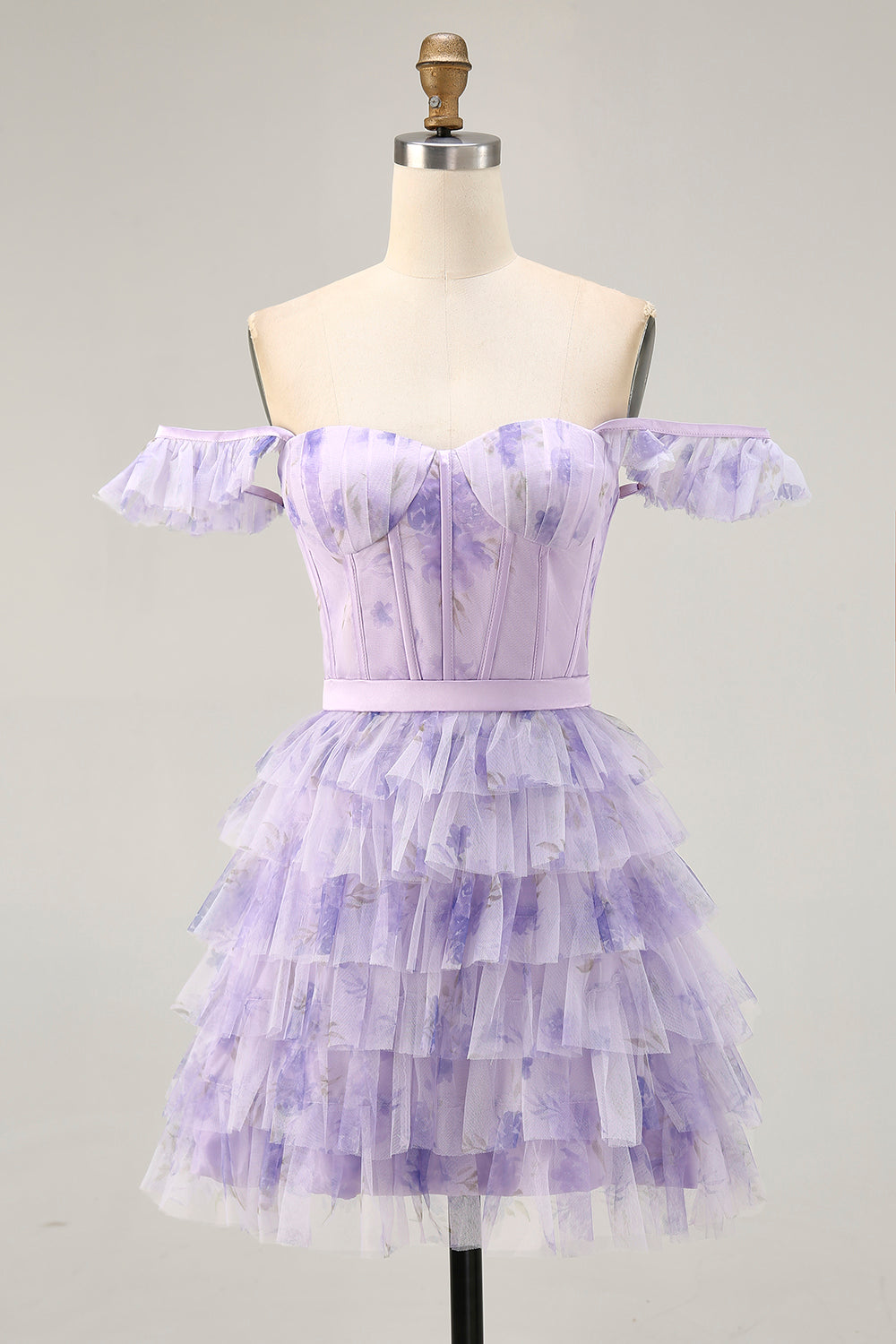 Robe de bal corset à volants floral lilas
