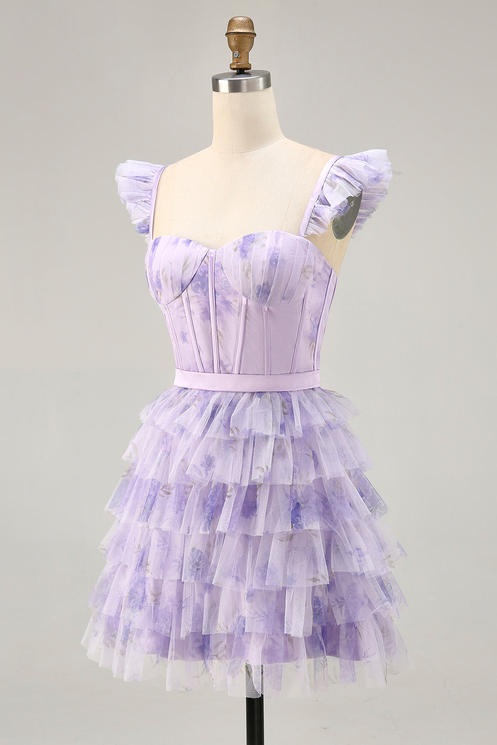 Robe de bal corset à volants floral lilas