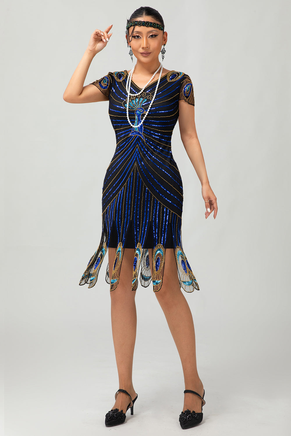 Robe moulante Gatsby à manches courtes noire bleue à paillettes noires et bleues des années 1920