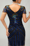 Robe moulante Gatsby à manches courtes noire bleue à paillettes noires et bleues des années 1920
