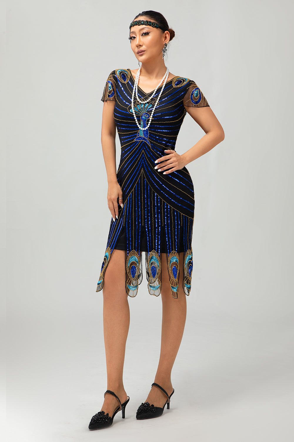Robe moulante Gatsby à manches courtes noire bleue à paillettes noires et bleues des années 1920