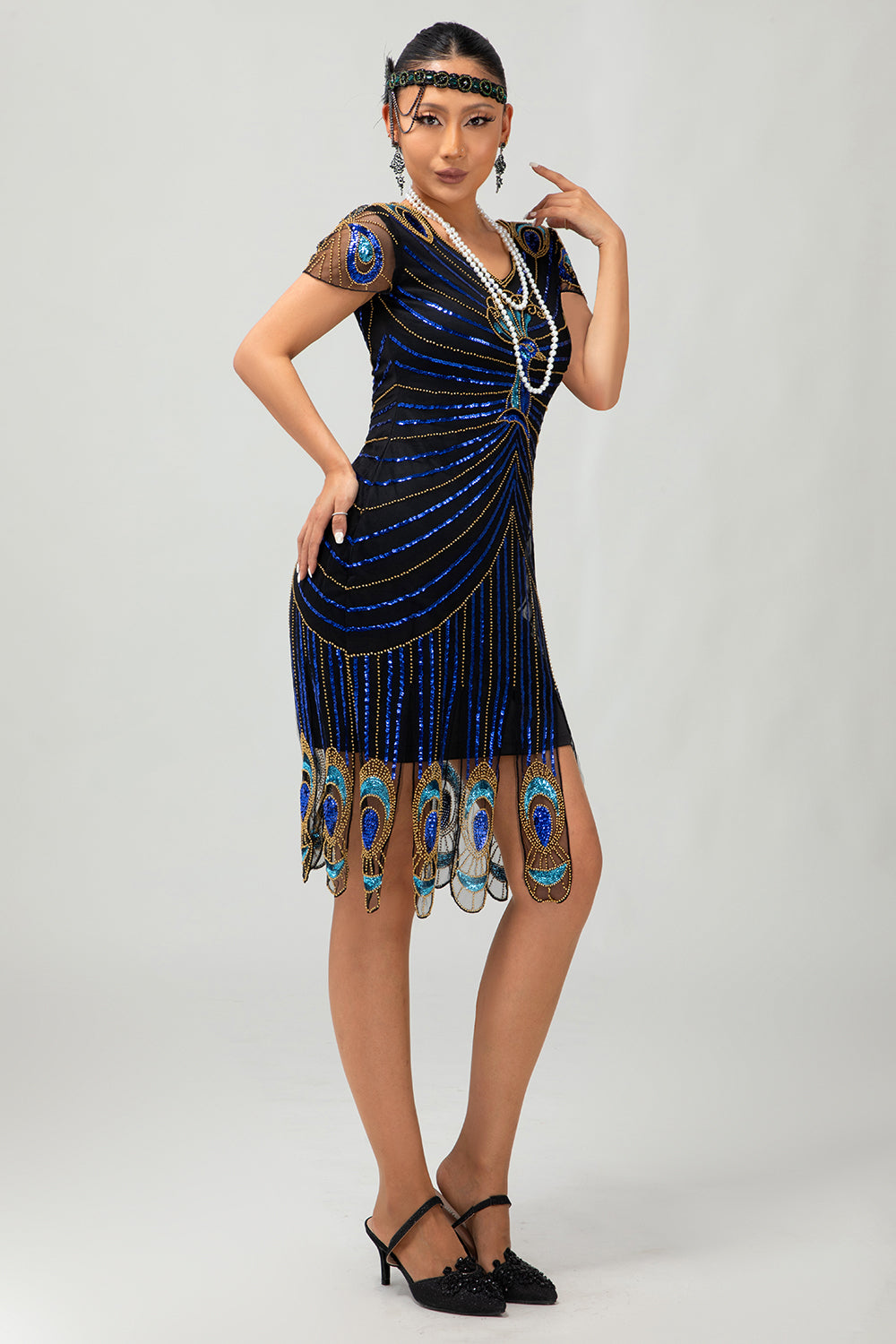 Robe moulante Gatsby à manches courtes noire bleue à paillettes noires et bleues des années 1920