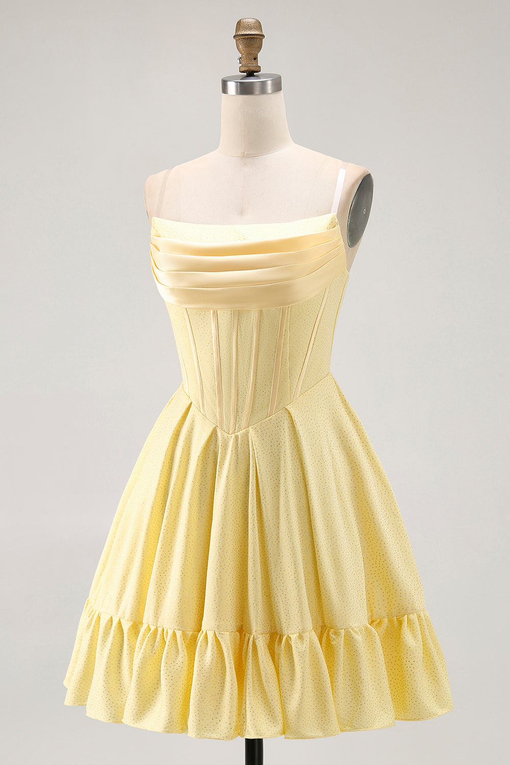 Robe de cocktail corset trapèze sans bretelles jaune avec perles