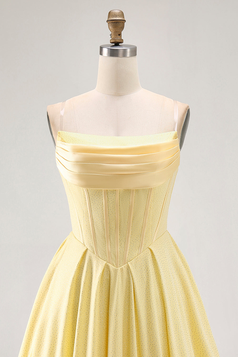 Robe de cocktail corset trapèze sans bretelles jaune avec perles