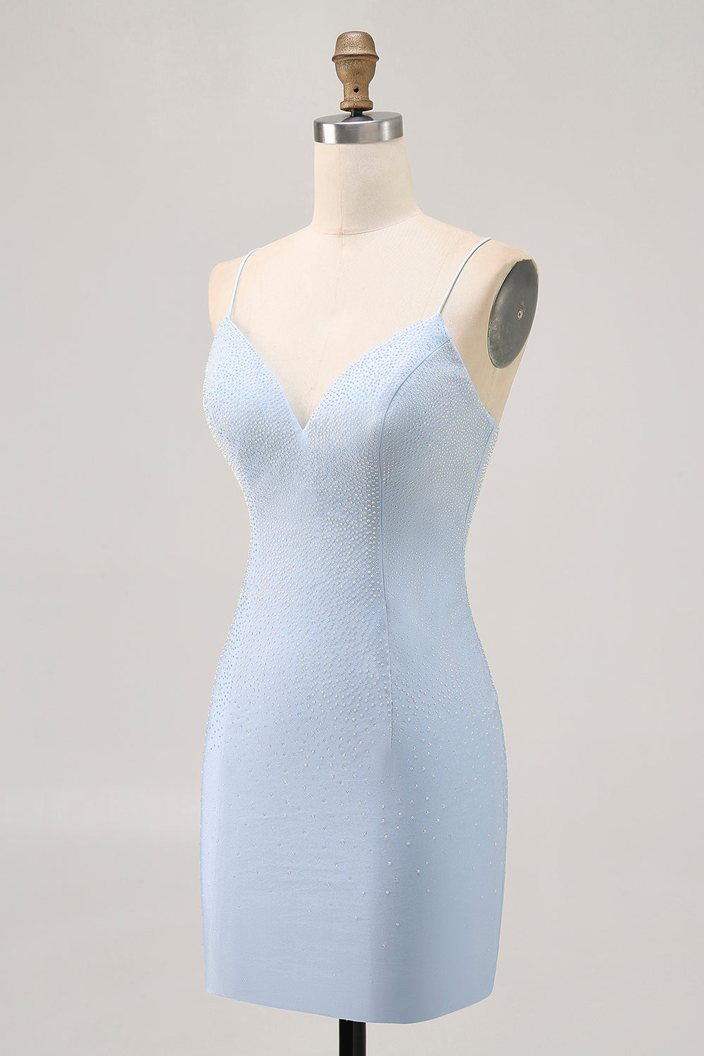 Robe de cocktail perlée spaghetti bleu clair