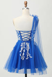 Robe De Cocktail en tulle a-trapèze bleu royal avec lacets dans le dos