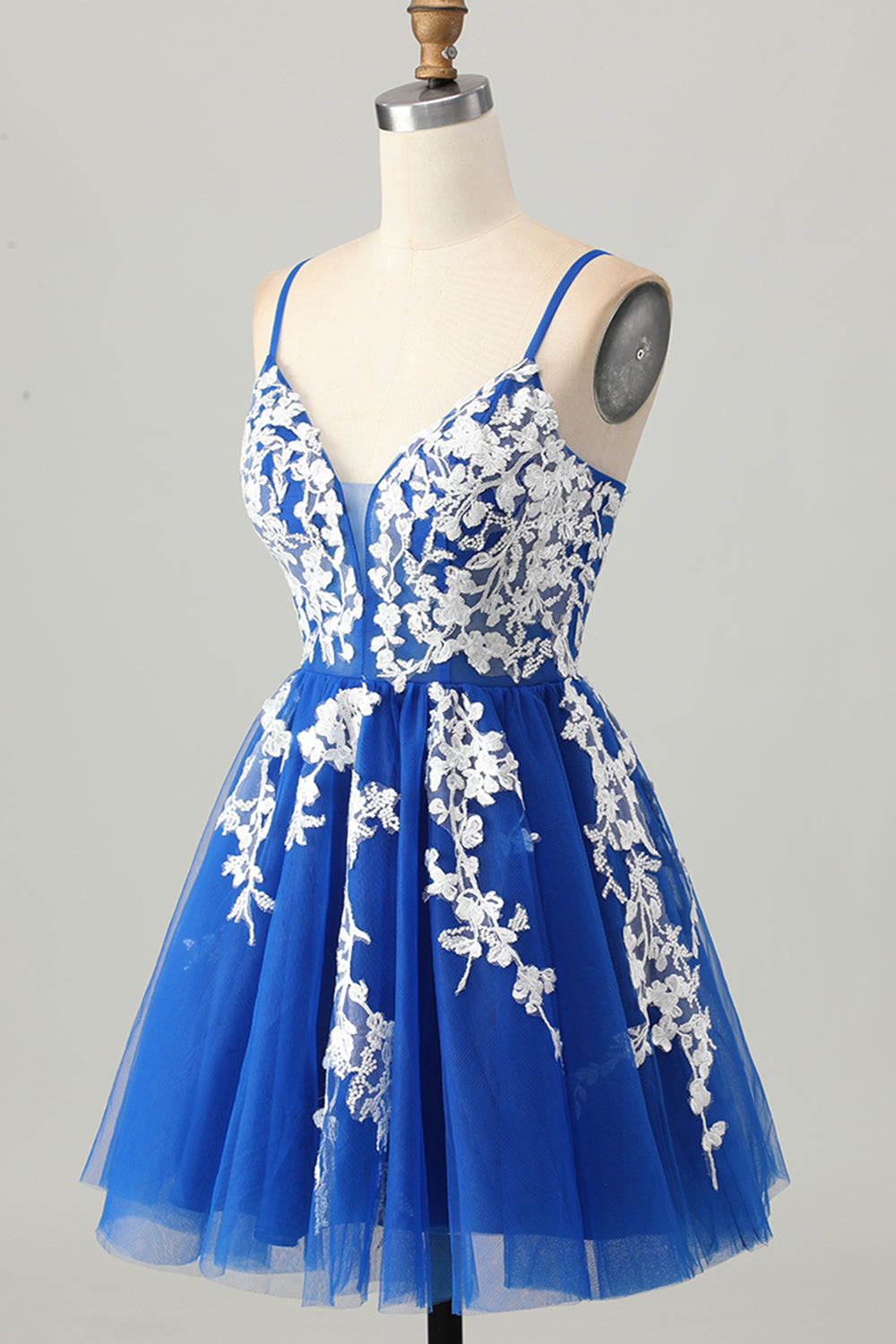 Robe courte De Cocktail en tulle à bretelles spaghetti trapèze bleu royal avec lacets dans le dos