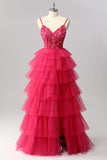 Robe de bal longue à plusieurs niveaux fuchsia scintillante avec appliques