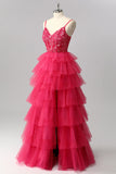 Robe de bal longue à plusieurs niveaux fuchsia scintillante avec appliques