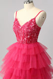 Robe de bal longue à plusieurs niveaux fuchsia scintillante avec appliques
