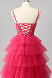 Robe de bal longue à plusieurs niveaux fuchsia scintillante avec appliques